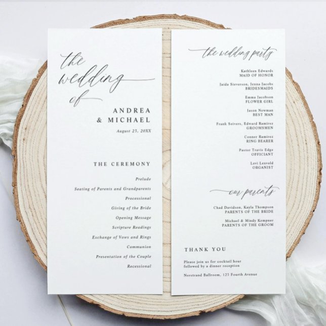 Modern Ceremony Script Calligraphy Elegant Wedding Programme (Elegant wedding programs in modern black and white calligraphy script.)