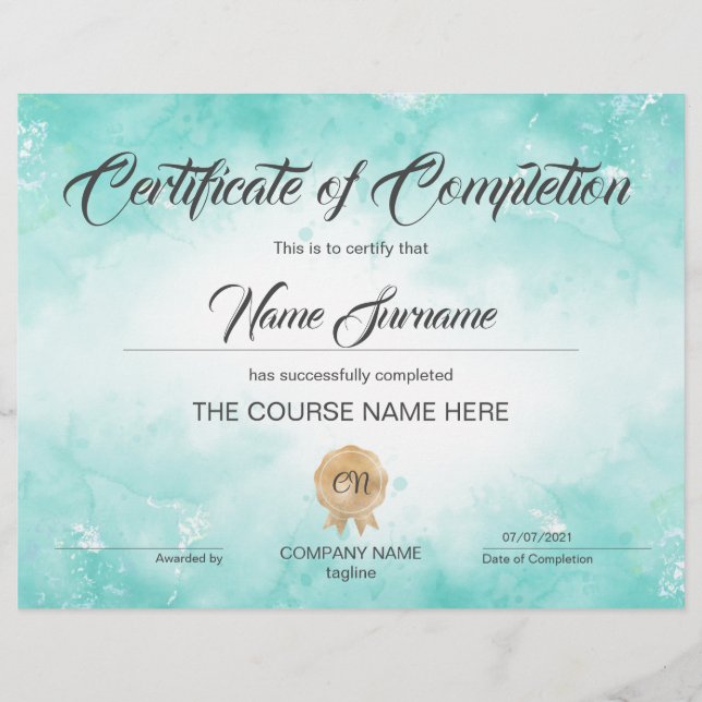 Modern Certificate of Completion Award Course  (Front)