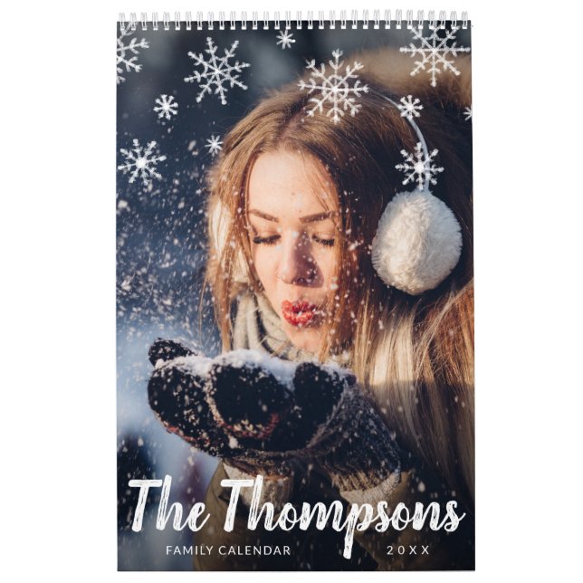 Modern Chalk Script Snowflakes Family Photo Calendar (Cover)