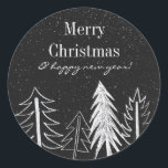 Modern Chalk Snowy Trees Holiday Classic Round Sticker<br><div class="desc">Modern hand-drawn chalk trees and snow on rich watercolor midnight grey background winter holiday sticker. Personalise text,  font style,  colour and size.</div>