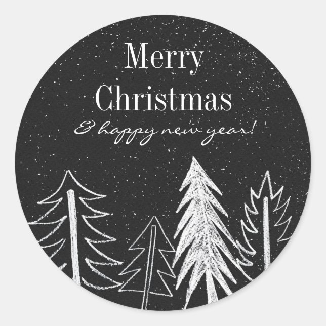 Modern Chalk Snowy Trees Holiday Classic Round Sticker (Front)