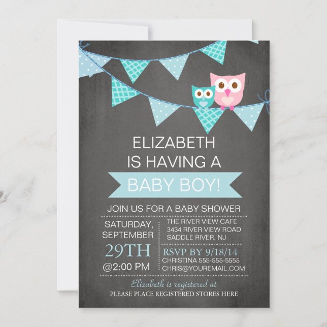 Modern Chalkboard Bunting Owl Boy Baby Shower Invitation (Front)