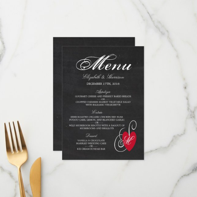 Modern Chalkboard Fancy Heart Wedding Menu (Front/Back In Situ)