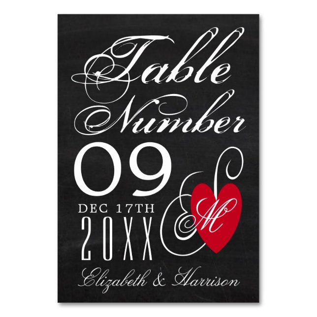 Modern Chalkboard Fancy Heart Wedding Table No. Table Number (Front)