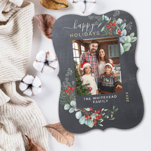 Modern Chalkboard Greenery Botanical Christmas Holiday Card