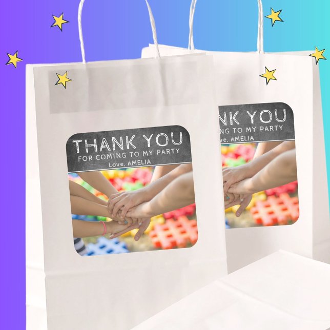 Modern Chalkboard Kids Photo Thank you Birthday Square Sticker (Creator Uploaded)