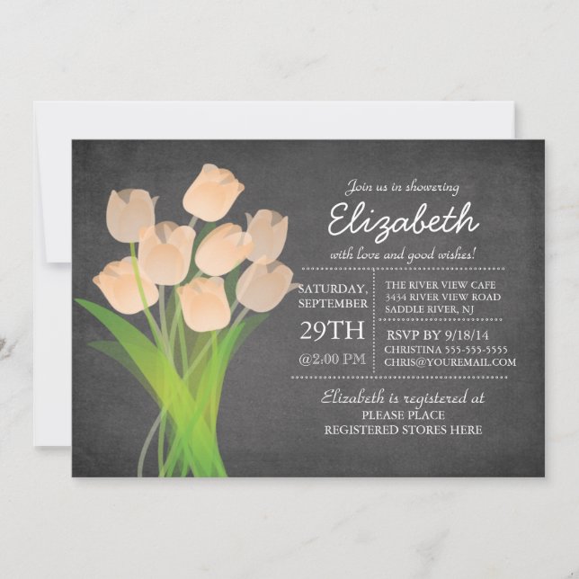 Modern Chalkboard Peach Tulip Bridal Shower Invitation (Front)