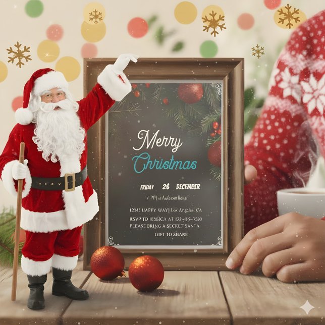 Modern Chalkboard Red Ornaments Christmas Party  Invitation (Merry Christmas of all of those who buy my products 
 Thank you so much )