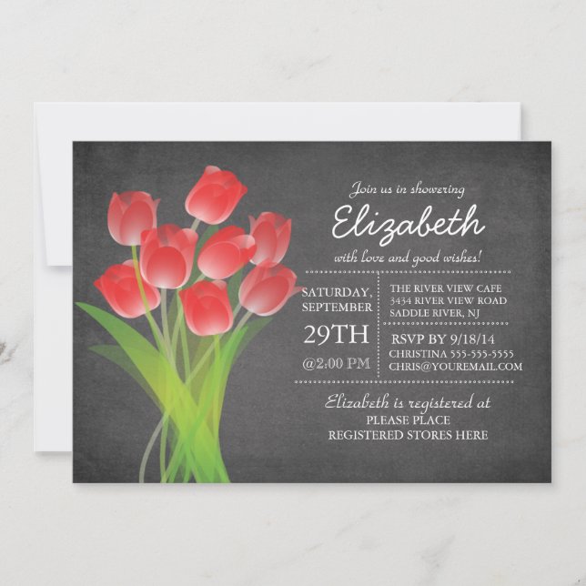 Modern Chalkboard Red Tulip Bridal Shower Invitation (Front)