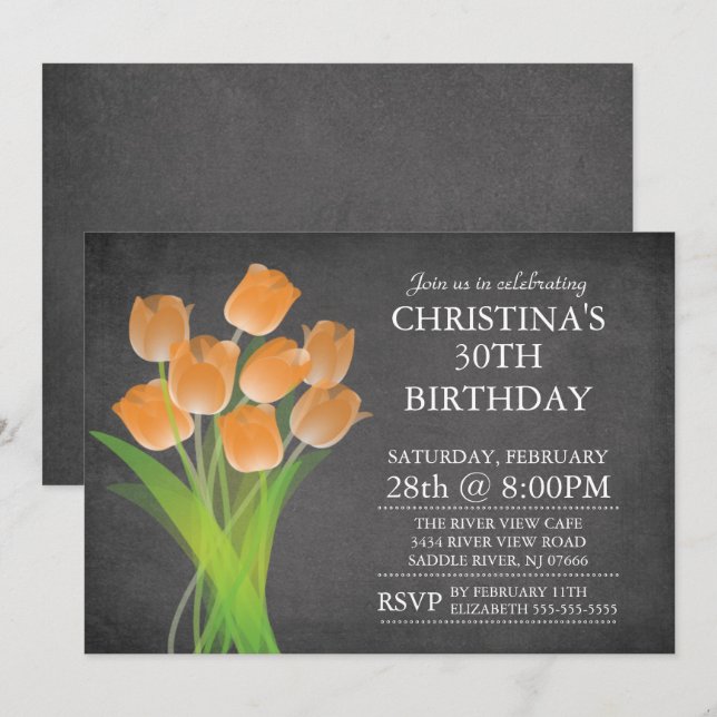 Modern Chalkboard Typographic Tulip Birthday Party Invitation (Front/Back)
