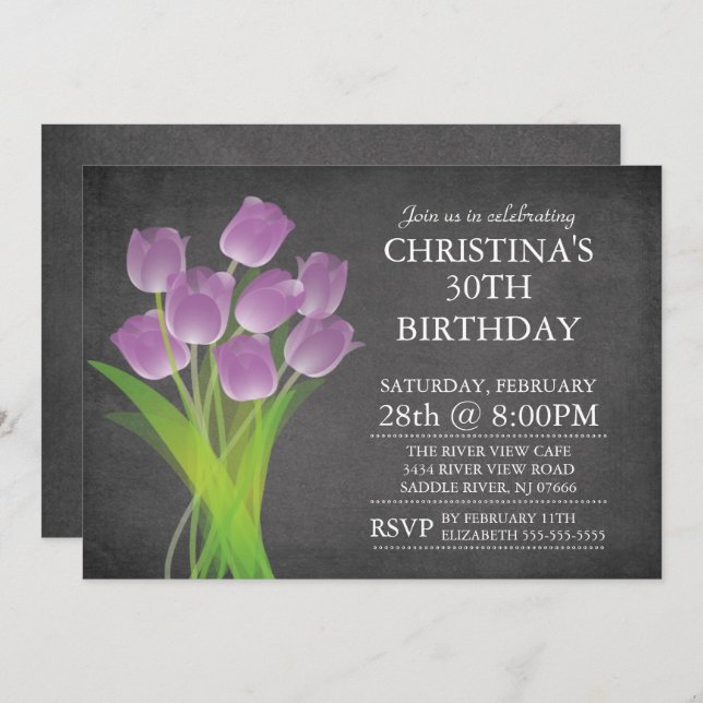 Modern Chalkboard Typographic Tulip Birthday Party Invitation (Front/Back)