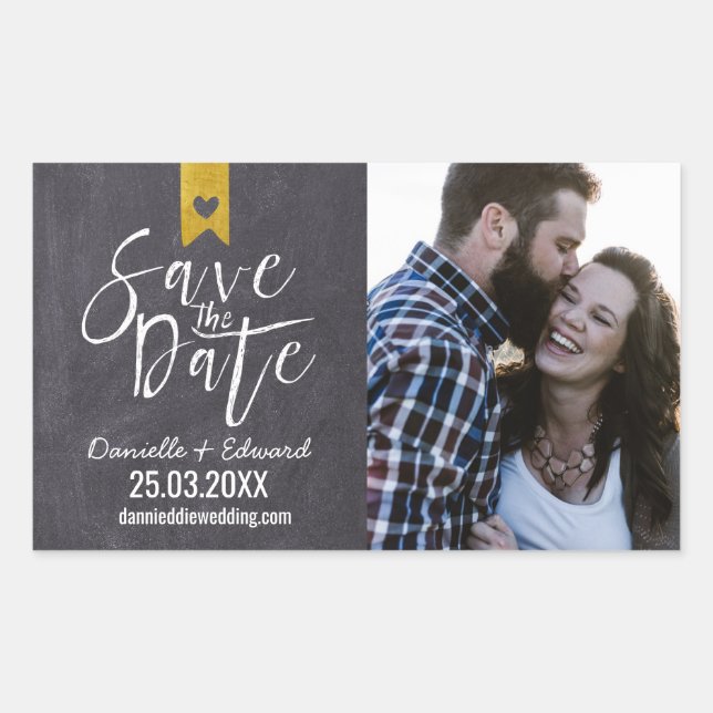 Modern Chalkboard Typography Photo Save the Date Rectangular Sticker (Front)