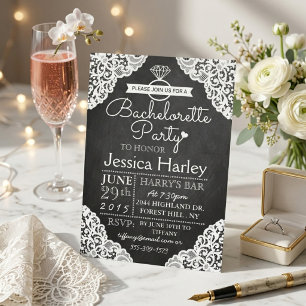 Modern Chalkboard & White Lace Bachelorette Party Invitation
