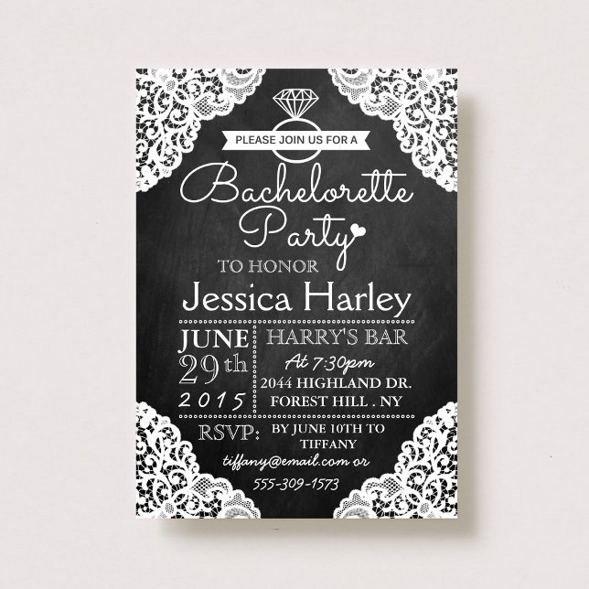 Modern Chalkboard & White Lace Bachelorette Party Invitation (Creator Uploaded)