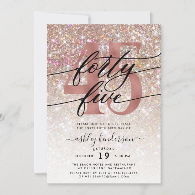 Modern Champagne Glitter 45th Birthday Invitation (Front)