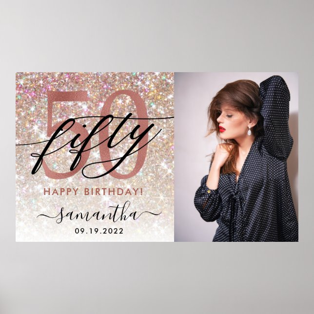 Modern Champagne Glitter 50th Birthday Photo  Post Poster (Front)