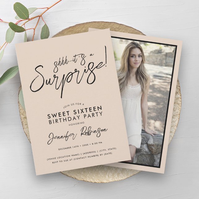 Modern Champagne Photo Surprise Sweet 16 Invitation (Modern Champagne Photo Surprise Sweet 16 Invitation)