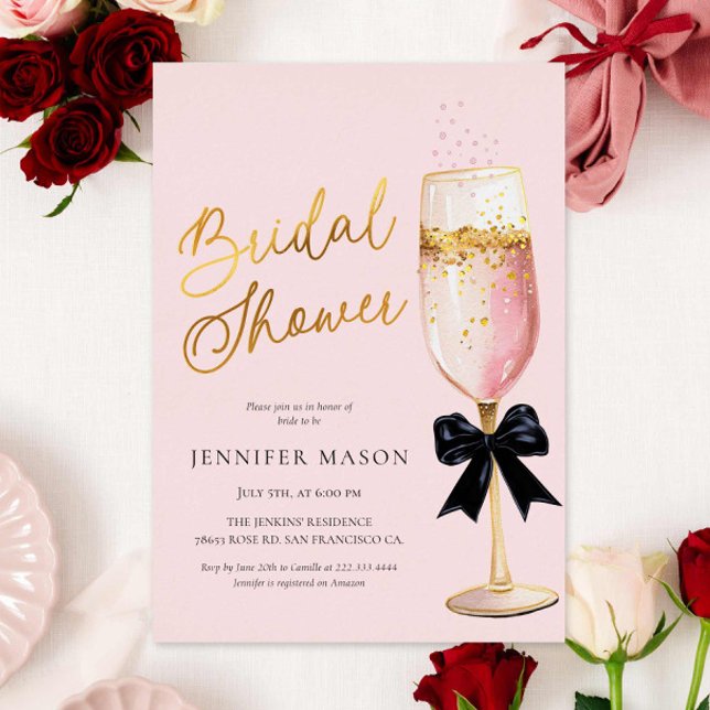 Modern Champagne Pink Bridal Shower (Pink Champagne Bridal Shower Gold Foil Invitation)