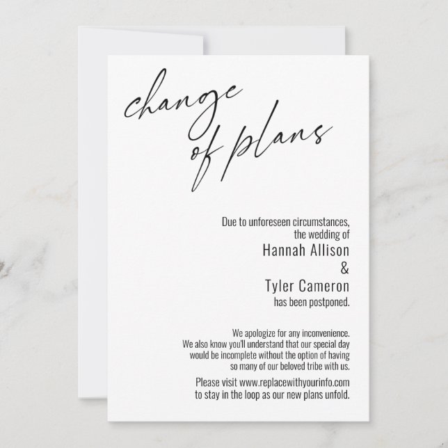 Modern Change of Plans Postponed Wedding Card (Front)