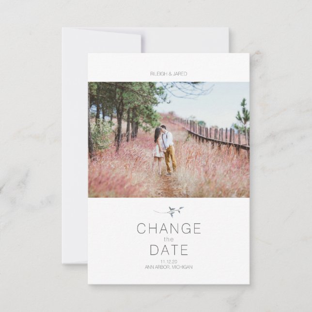 Modern Change the Date Leaf Photo Typography Card (Front)