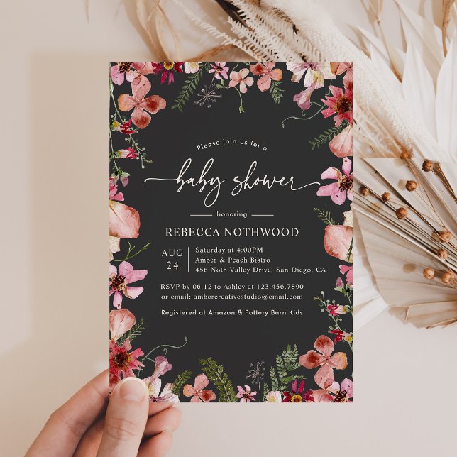 Modern Charcoal Boho Watercolor Floral Baby Shower Invitation (Creator Uploaded)
