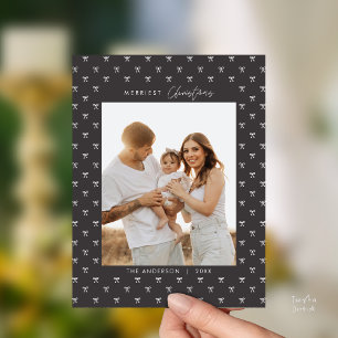Modern Charcoal Bow Pattern Family Photo Christmas Postcard