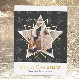 Modern Charcoal Foil Stars Merry Christmas Photo Holiday Postcard