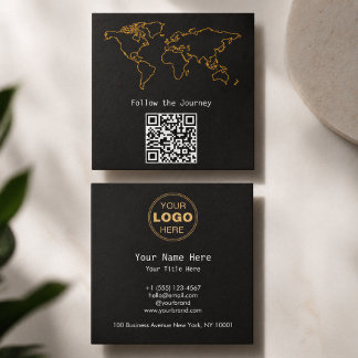 Modern Charcoal Gold World Map QR Digital Nomad Square Business Card