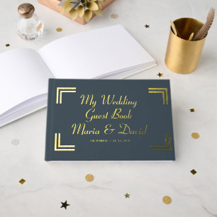 Modern Charcoal Golden Vintage Border Wedding Guest Book