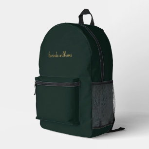 Modern Charcoal Green & Gold Script Monogram Printed Backpack