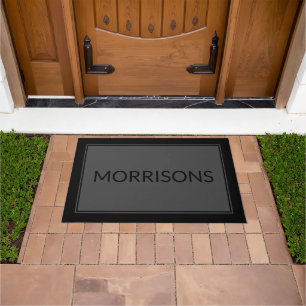 Modern charcoal grey and black custom name border doormat