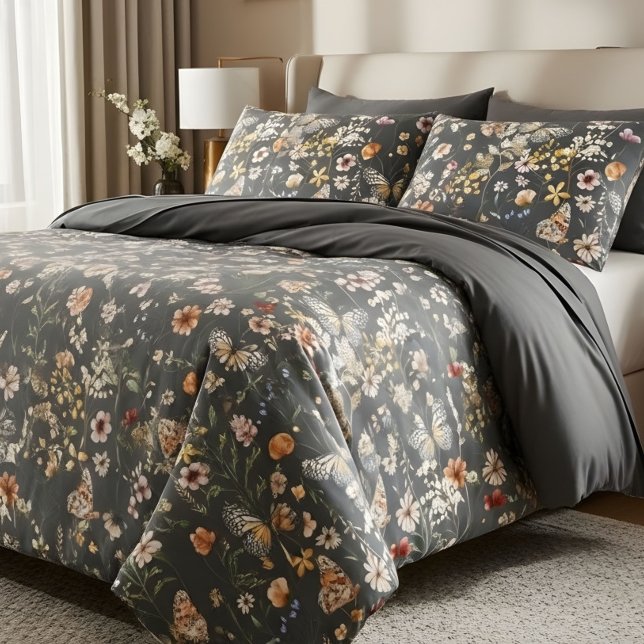 Modern Charcoal Grey Boho Wildflowers Pillowcase (Creator Uploaded)