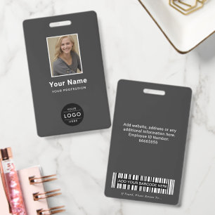 Modern Charcoal Grey Corporate Photo Logo Barcode ID Badge