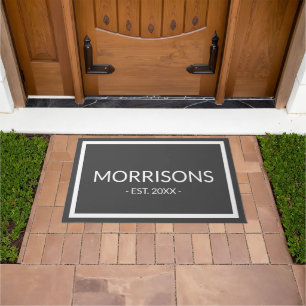 Modern charcoal grey custom name date border doormat