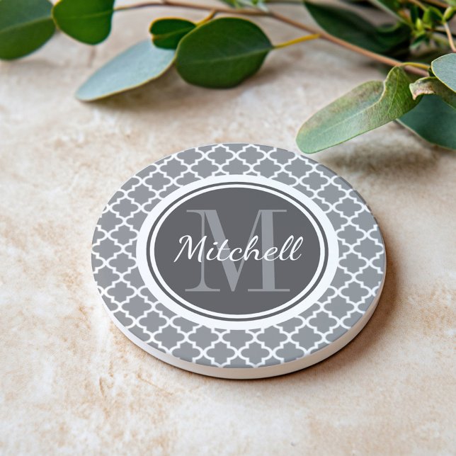 Modern Charcoal Grey Quatrefoil Monogram Coaster (Creator Uploaded)