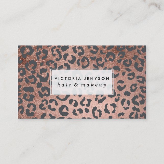 Modern charcoal grey rose gold leopard makeup business card (Front)