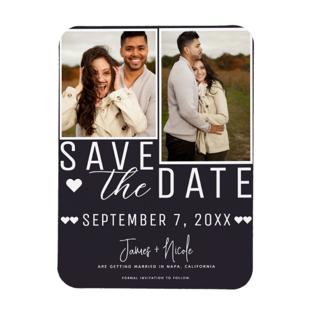 Modern Charcoal Grey Save the Date 2 Photo Wedding Magnet (Vertical)