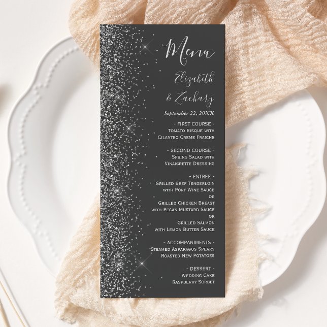 Modern Charcoal Grey Silver Glitter Edge Wedding Menu (Creator Uploaded)