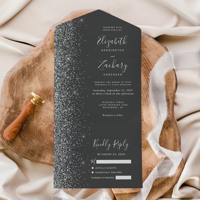 Modern Charcoal Grey Silver Glitter Wedding All In One Invitation (Creator Uploaded)