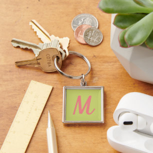 Modern Chartreuse Green and Coral Pink Monogram Key Ring