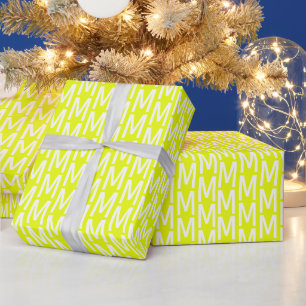 Modern chartreuse green white custom monogram gift wrapping paper