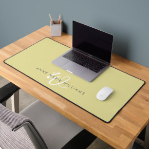 Modern Chartreuse White Script Monogram Desk Mat