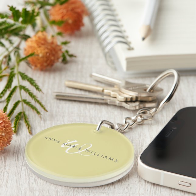 Modern Chartreuse White Script Monogram Key Ring (Front Right)