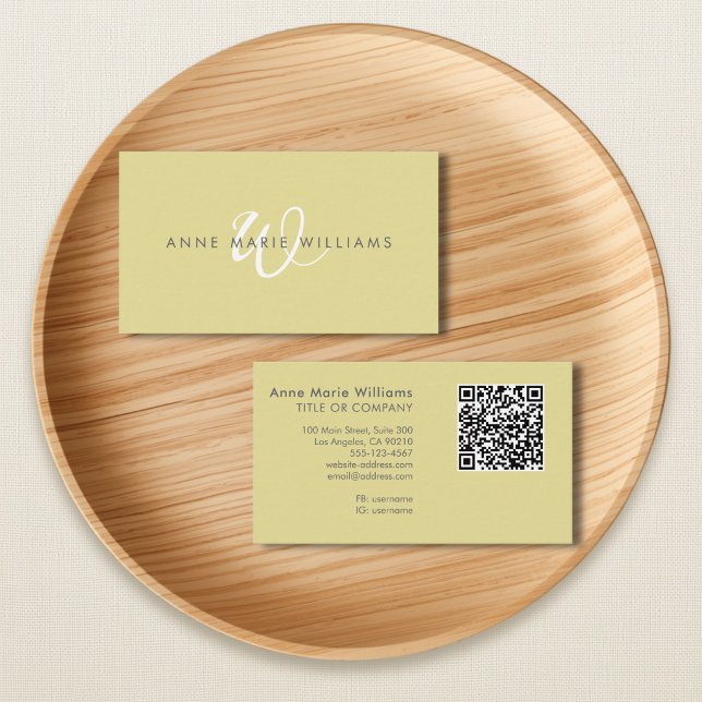 Modern Chartreuse White Script Monogram QR Code Business Card (Creator Uploaded)