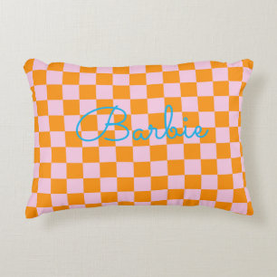 Modern Check Pink Orange Blue NAME Preppy Decor Decorative Cushion