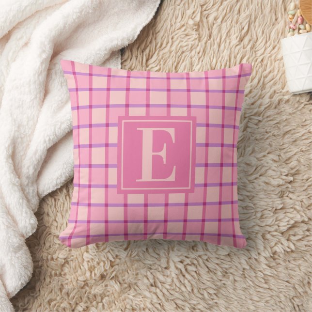 Modern Checker Pink Purple Monogram Cushion (Blanket)