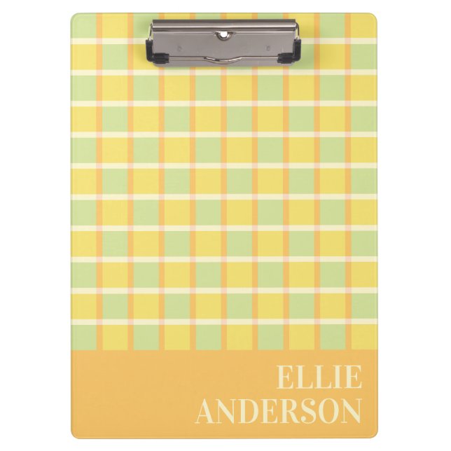 Modern Checkered Pastel Green Yellow Orange Name Clipboard (Front)