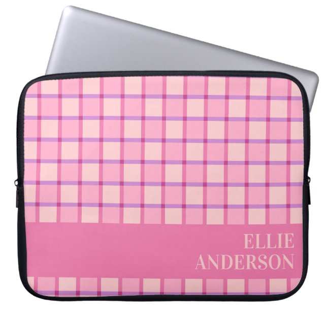 Modern Checkered Pink Purple Personalized Laptop Sleeve (Front)