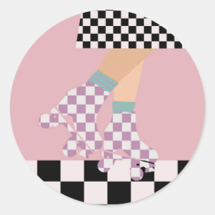 Modern Checkered Roller Skating Girl Art Checks    Classic Round Sticker