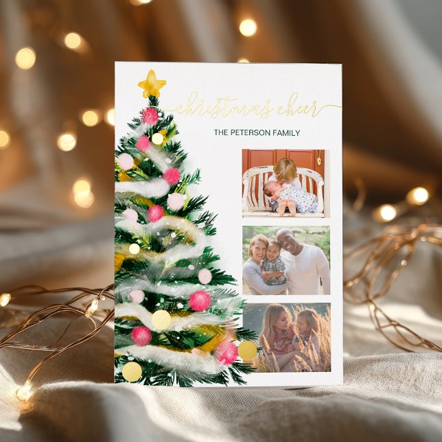 Modern Cheer Christmas tree watercolor 3 photos (Modern Cheer Christmas tree watercolor 3 photos Foil Holiday Card)